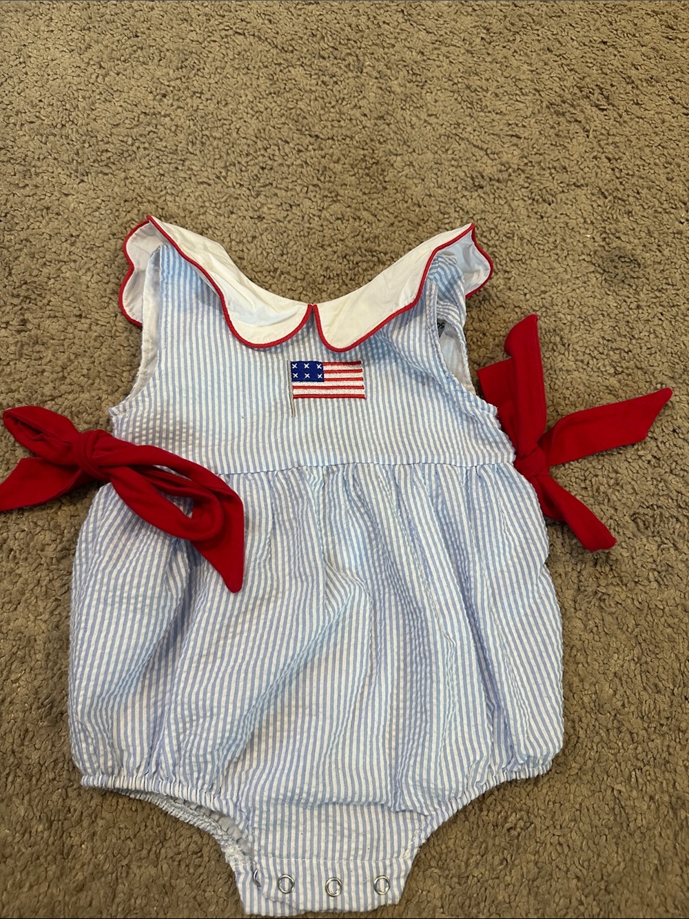 Patriotic Blue & White Seersucker Baby Romper with Red Bows, embroidered flag 9m